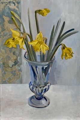 Lot 10 - Mary Millar Watt (1924-2023) oil on board, Daffodils - 'A present for Mother's Day', 51cm x 34.5cm, unframed