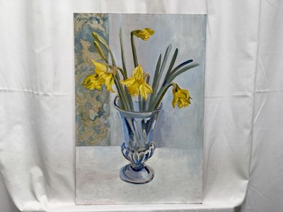 Lot 10 - Mary Millar Watt (1924-2023) oil on board, Daffodils - 'A present for Mother's Day', 51cm x 34.5cm, unframed