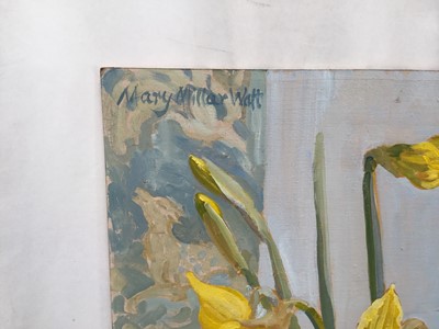 Lot 10 - Mary Millar Watt (1924-2023) oil on board, Daffodils - 'A present for Mother's Day', 51cm x 34.5cm, unframed