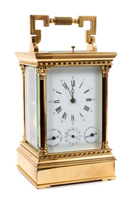 Lot 721 - 20th Century French carriage clock by L’Epee, the white enamelled dial with Roman and Arabic numerals and calendar day and date and alarm dial to the eight day two train movement striking and repea...