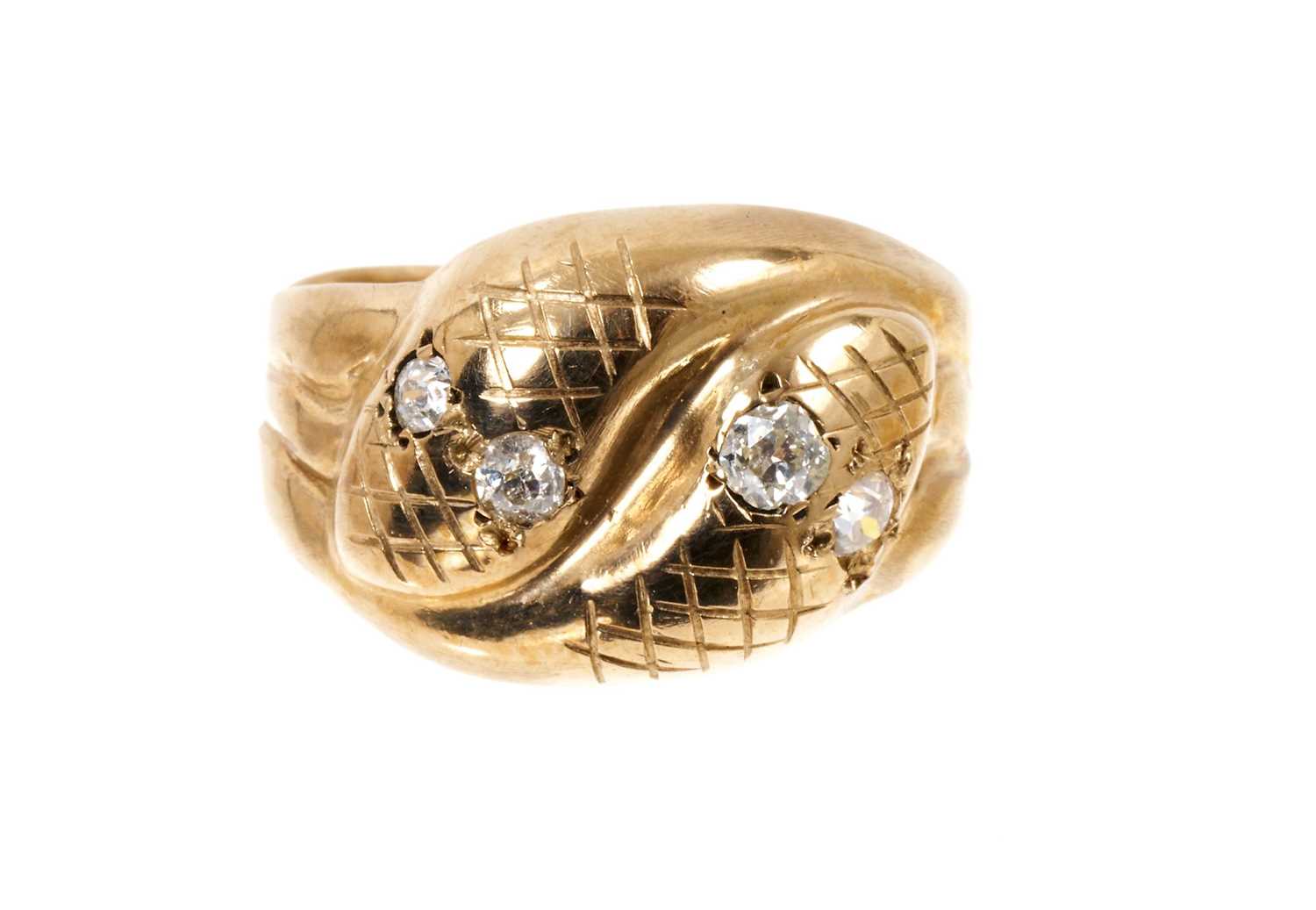 Lot 521 - Victorian style 9ct gold and diamond snake ring with two intertwined snakes, with old cut diamond eyes. Ring size P.
