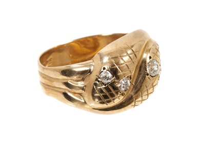 Lot 521 - Victorian style 9ct gold and diamond snake ring with two intertwined snakes, with old cut diamond eyes. Ring size P.