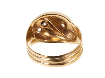 Lot 521 - Victorian style 9ct gold and diamond snake ring with two intertwined snakes, with old cut diamond eyes. Ring size P.