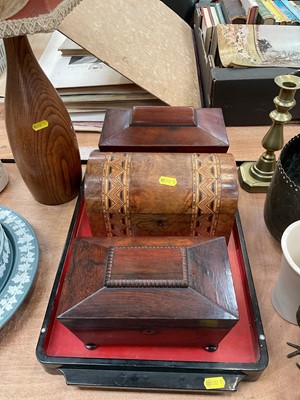 Lot 483 - Two 19th century mahogany tea caddies, walnut and parquetry box, a lacquer tray and an oak lamp.