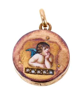 Lot 523 - Victorian gold and enamel circular locket, the front depicting an angel, 25mm x 17.3mm diameter.