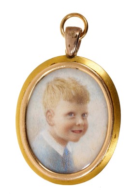 Lot 525 - Antique 18ct gold and diamond locket containing a portrait miniature on ivory of a boy, the reverse signed Margaret Ellsmoor, Worthing, hallmarked London 1911. 44 x 30mm.