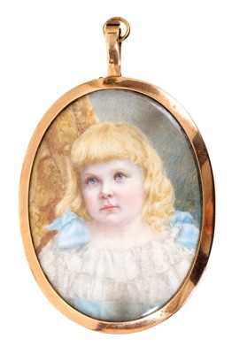 Lot 526 - Antique portrait miniature on ivory depicting a child with blonde hair and blue eyes, in an oval gold double-sided frame, 75mm.