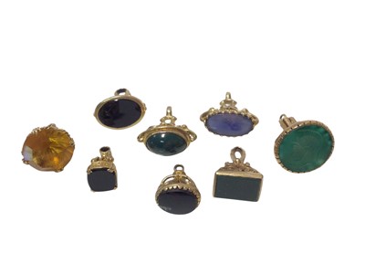 Lot 529 - Collection of eight 9ct gold mounted seals/fobs inset with various hardstones (8)