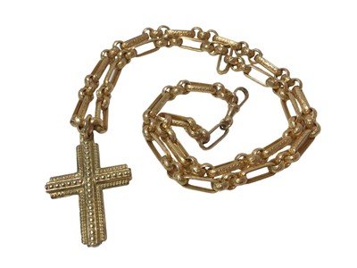Lot 530 - Victorian style 9ct gold chain/necklace with fancy links, and a 9ct gold cross pendant, the chain 60cm.