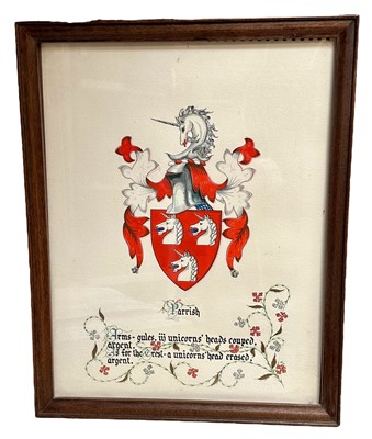 Lot 75 - Decorative watercolour illustrating the arms of the Parrish family, in glazed frame, 43cm x 34cm overall