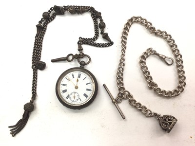 Lot 1102 - Silver fob watch on a silver fancy link watch chain, together with another silver watch chain with a fob