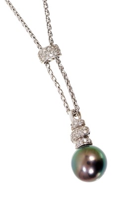 Lot 541 - South Sea cultured grey pearl and diamond necklace with a Tahitian South Sea cultured grey pearl measuring approximately 11mm surmounted by bands of pavé set diamonds on 18ct white gold chain, 40cm...
