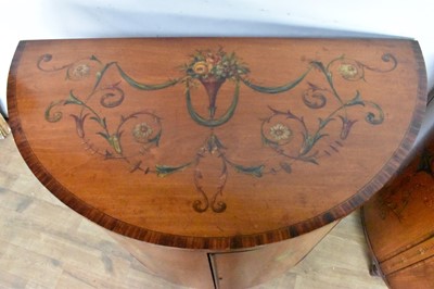 Lot 1508 - Pair of George III style satinwood and polychrome painted bowfront commodes