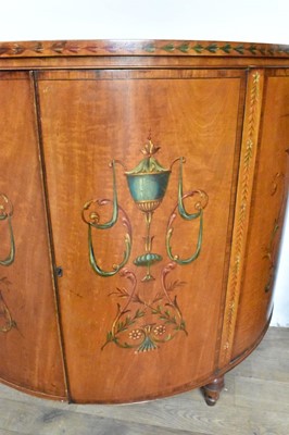 Lot 1508 - Pair of George III style satinwood and polychrome painted bowfront commodes