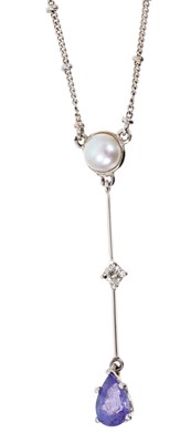 Lot 543 - Tanzanite diamond and cultured pearl pendant necklace with a pear cut tanzanite measuring approximately 7 x 5mm suspended from a brilliant cut diamond and a cultured pearl in 18ct white gold settin...