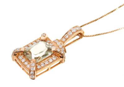 Lot 544 - Zultanite and diamond pendant necklace with a rectangular fancy cut Zultanite surrounded by a border of brilliant cut diamonds suspended from a diamond set loop in 14ct rose gold setting on 14ct ro...