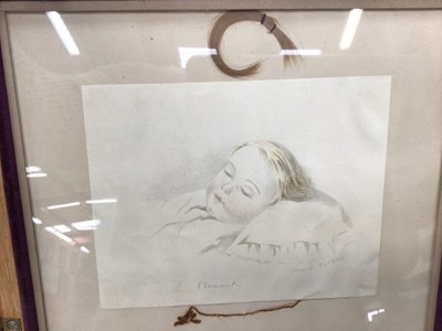 Lot 363 - Victorian memorial pencil sketch of a young girl 'Clement' dated March 6 1844 in a glazed oak case, together with an indenture