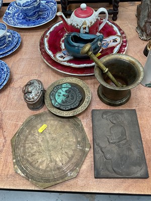 Lot 471 - Islamic brass sundial, pestle and mortar, Persian ceramics and other items.