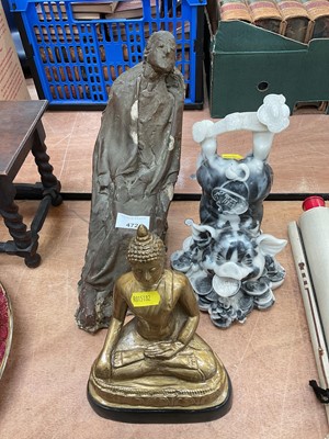 Lot 472 - Gold painted metal seated Buddha, resin Chinese pig model and abstract figure of a seated man (3).