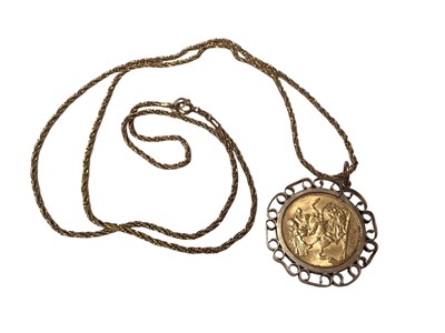 Lot 190 - George V gold full sovereign, 1930, in a 9ct gold pendant mount on 9ct gold chain