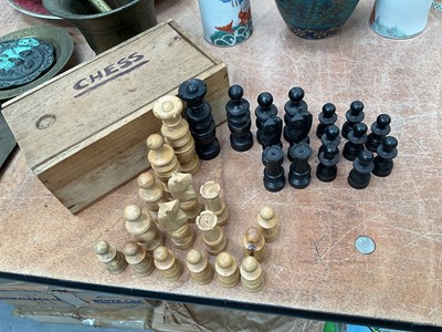 Lot 475 - Vintage turned wood chess set in pine box.