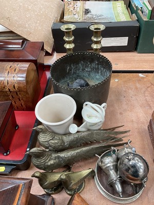 Lot 485 - Burmese bowl, brass candlestick, group of pheasant ornaments and other items.