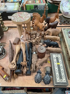 Lot 488 - Sandlewood bone inlaid domino box, together with various carved wood animals.