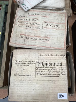 Lot 490 - Collection of 18th century and later vellum indentures and documents together with a bowler hat and two boxes of postcards.