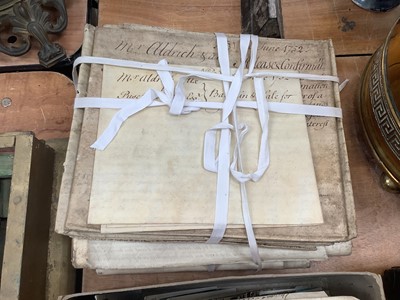 Lot 490 - Collection of 18th century and later vellum indentures and documents together with a bowler hat and two boxes of postcards.