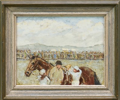 Lot 1049 - *Robert Sadler (1909-2001) acrylic on board - 'Horse Saddling', signed, 19.5 x 25cm, framed