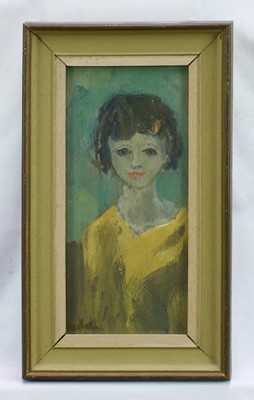 Lot 976 - *Robert Sadler (1909-2001) acrylic on board, Woman in yellow, signed, 20 x 10cm