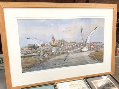 Lot 378 - Large print of Maldon from the river in glazed frame, two other Maldon prints, Maldon Advertiser and four watercolour studies of local landscapes signed by Challis