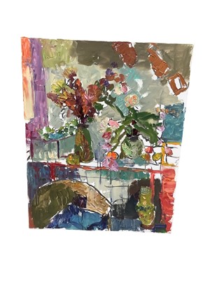 Lot 757 - Annelise Firth (b.1961) oil on canvas - Abstract Still Life, signed verso, unframed