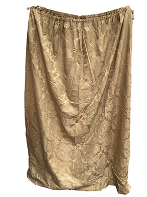 Lot 762 - Pair of gold curtains with floral pattern, measuring approximately 120cm pleated top, 200cm drop and 175cm bottom width. Together with a pair of cream curtains with foliage pattern, measuring appro...