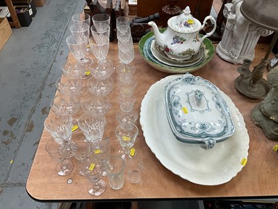 Lot 501 - Set of six cut glass champagne saucers, other glassware, Royal Albert teapot and ceramics.