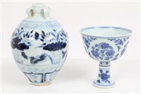 Lot 79 - Chinese blue and white stem cup with painted...