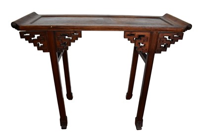 Lot 1517 - Antique Chinese hardwood altar table, the dished top with scrolled ends, raised on angular pierced brackets and square supports