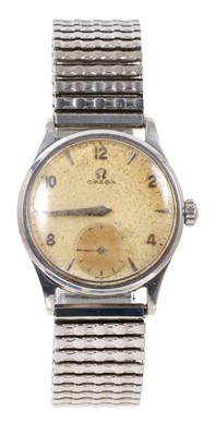 Lot 645 - 1950s Omega stainless steel wristwatch with manual-wind 266 calibre 17 jewel movement numbered 14210701, the circular dial with Arabic and dart hour markers, subsidiary seconds in Omega 'Denisteel'...