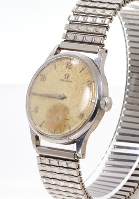 Lot 645 - 1950s Omega stainless steel wristwatch with manual-wind 266 calibre 17 jewel movement numbered 14210701, the circular dial with Arabic and dart hour markers, subsidiary seconds in Omega 'Denisteel'...