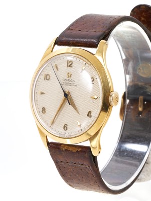 Lot 644 - 1950s Gentlemen's Omega 18ct gold wristwatch with manual-wind 283 calibre 17 jewel movement numbered 12461011, the circular engine turned dial with applied gold Arabic and dart hour markers, centre...