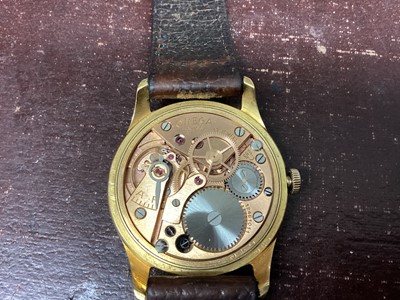 Lot 644 - 1950s Gentlemen's Omega 18ct gold wristwatch with manual-wind 283 calibre 17 jewel movement numbered 12461011, the circular engine turned dial with applied gold Arabic and dart hour markers, centre...