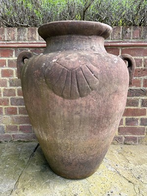 Lot 1496 - Set of four terracotta garden urns of Grecian form, 79cm high