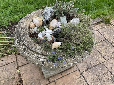 Lot 1552 - Pair of reconstituted stone garden urms of campagna form with egg and dart rim, reeded bowl on socle bases,  high x 72cm diameter