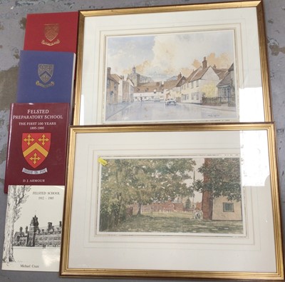 Lot 529 - Two David Plested watercolour studies of Felsted School and a group of related books