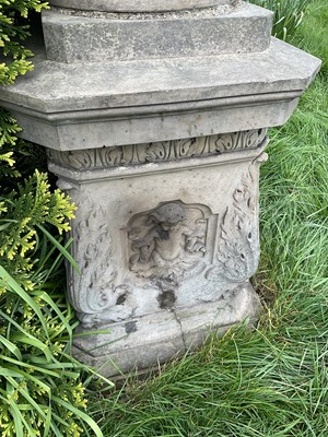 Lot 1557 - A fine antique reconstituted stone garden urn and cover on plinth, with detachable lid, female caryatid handles, floral festoons on socle base, the plinth with figures and acanthus leaves, approxim...