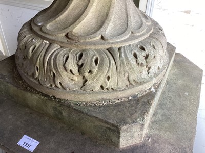 Lot 1557 - A fine antique reconstituted stone garden urn and cover on plinth, with detachable lid, female caryatid handles, floral festoons on socle base, the plinth with figures and acanthus leaves, approxim...