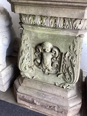 Lot 1557 - A fine antique reconstituted stone garden urn and cover on plinth, with detachable lid, female caryatid handles, floral festoons on socle base, the plinth with figures and acanthus leaves, approxim...