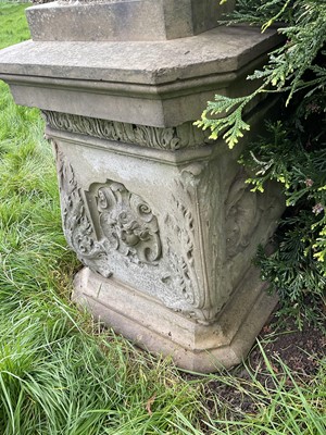 Lot 1557 - A fine antique reconstituted stone garden urn and cover on plinth, with detachable lid, female caryatid handles, floral festoons on socle base, the plinth with figures and acanthus leaves, approxim...