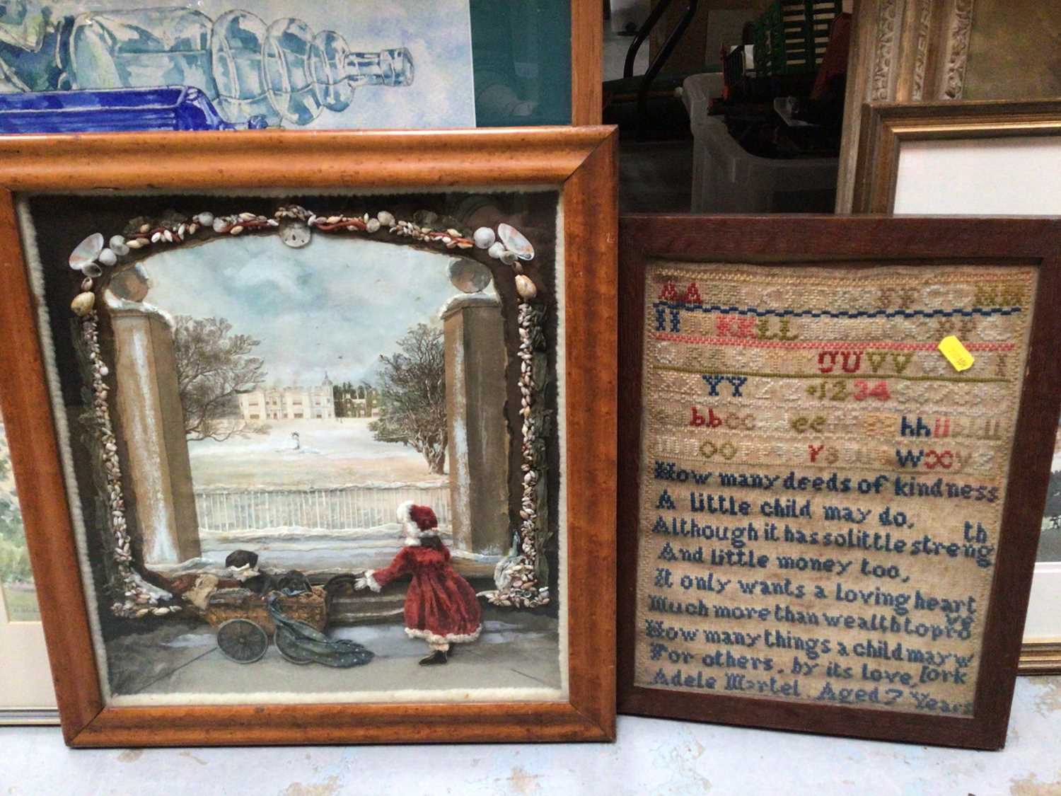 Lot 531 - Victorian collage, a sampler, watercolour study of Groton Chruch, oil on canvas portrait of a woman, other pictures and a gilt framed wall mirror