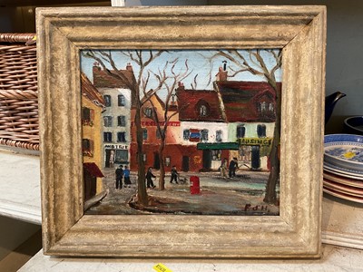 Lot 542 - Small continental oil, street scene, signed with initials, 23.5cm x 19.5cm